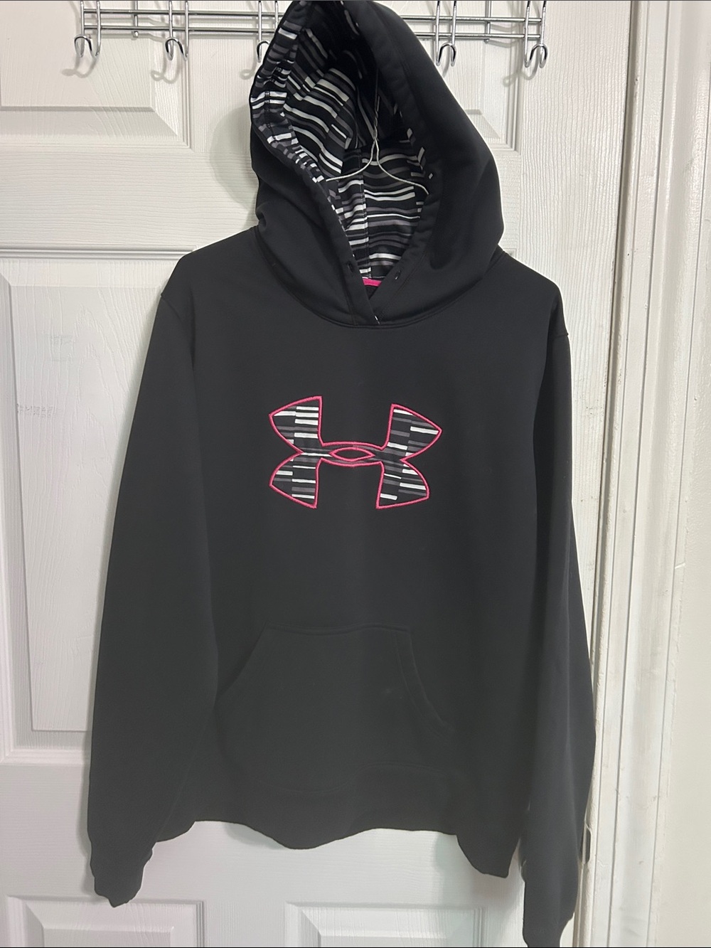 Under Armour Black Hoodie with Striped Logo and Pink Outline